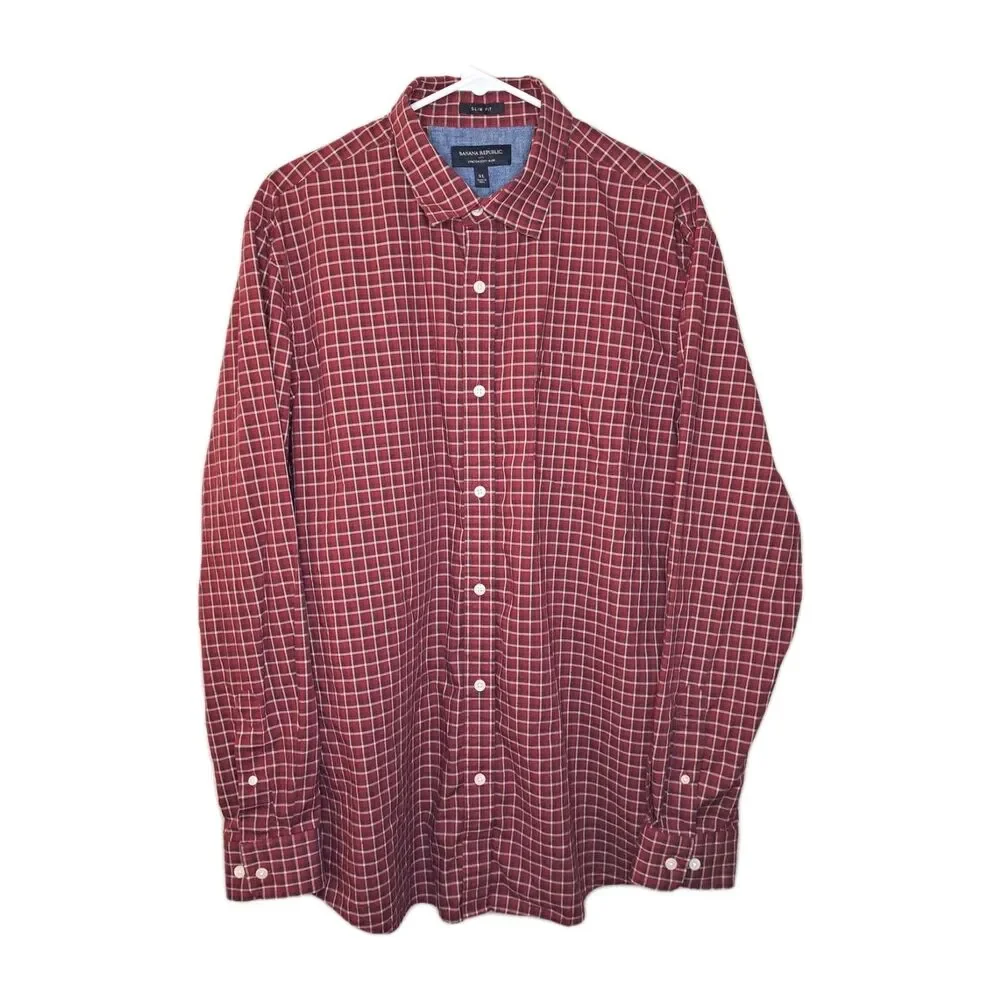 Banana Republic Mens Stretch Soft Wash Plaid Button Up Shirt Red XL 100% Cotton